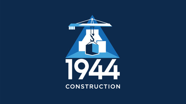 Construction company logo featuring a crane and the year 1944, blue design.