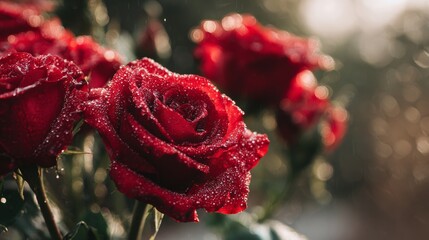 dew-covered red roses 