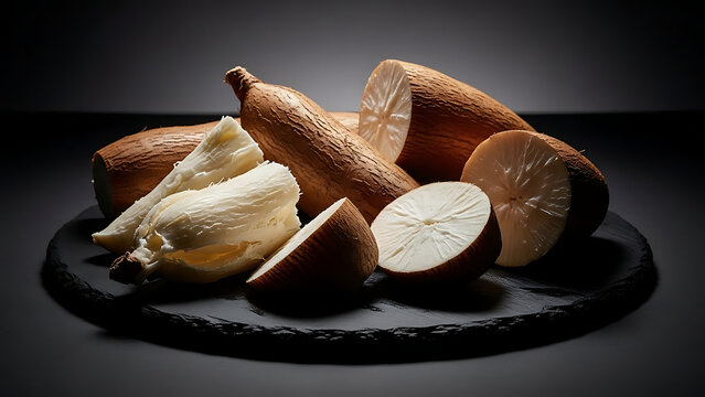 Fresh cassava root on slate plate