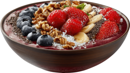 Healthy bowl of muesli with fresh strawberries, yogurt, nuts, and seeds served in a bowl isolated on white background