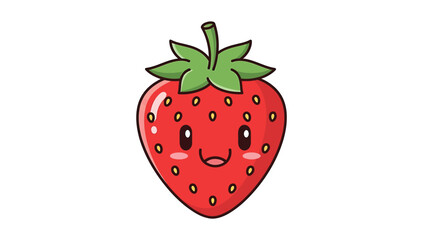 Cute cartoon strawberry with a happy face and green leaves on top.