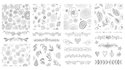 A collection of hand-drawn doodle elements and seamless patterns in a minimalist black and white style, perfect for design projects.