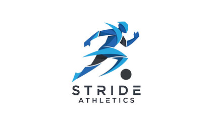 Dynamic blue athlete sprinting with soccer ball, Stride Athletics logo concept.
