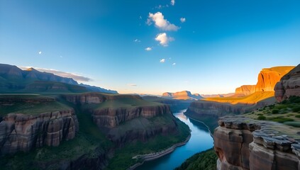 Majestic Grand Canyon Landscape with Colorado River at Sunset. Scenic Red Rock Cliffs View