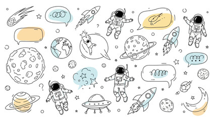 A whimsical collection of hand-drawn space-themed doodles, featuring astronauts, rockets, planets, and celestial bodies, perfect for creative projects. © tr