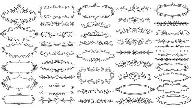 A collection of elegant hand-drawn decorative borders and dividers with intricate floral and scrollwork elements, perfect for vintage designs.