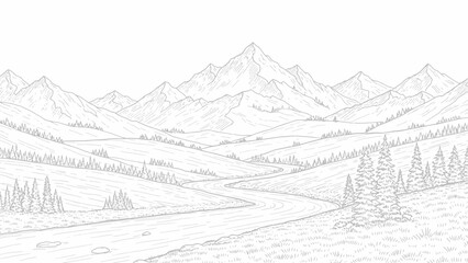 Fototapeta premium Detailed Hand-Drawn Mountain Landscape with Winding River and Trees.