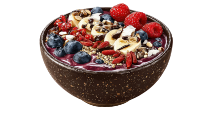  Colorful acai bowl with fresh berries, granola, seeds, coconut flakes, and tropical fruits served isolated on white background