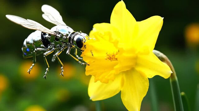 Mechanical futuristic insect drone bee pollinating bright yellow daffodil flower petals close up.