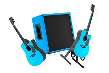Set of electric acoustic guitars and amplifiers on white background