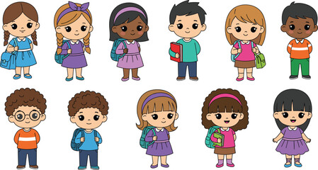 Diverse group of cute school children characters with backpacks and books for back to school education concept nursery stickers vector illustration set.