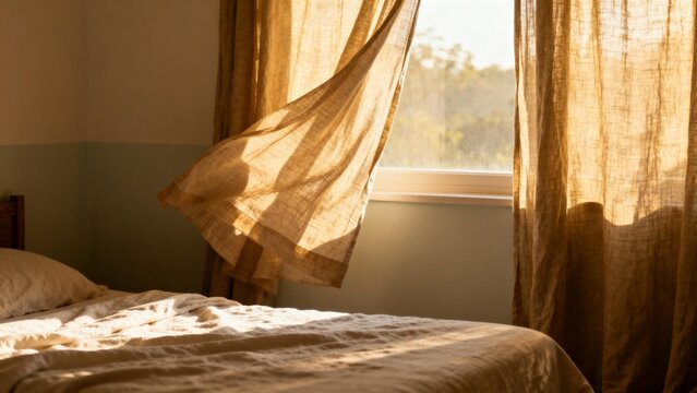 Sunlit bedroom with curtains blowing