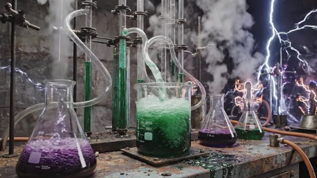 A bustling science experiment features bubbling green and purple liquids in glassware with steam rising and electrical arcs illuminating a rustic lab
