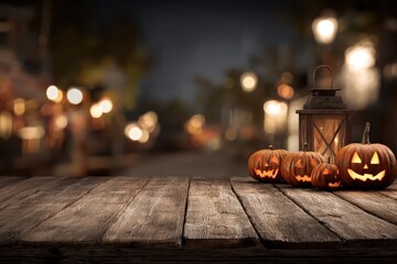 Wooden table set against a blurred Halloween backdrop featuring carved pumpkins and a lantern amidst an autumn evening ambiance