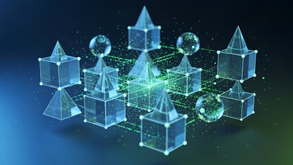 Abstract visualization of interconnected digital geometric shapes including cubes pyramids and spheres representing futuristic data structures and blockchain technology concepts on a dark background