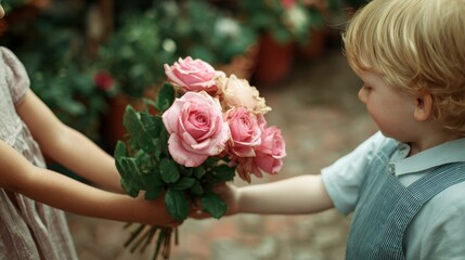 Child giving a pink rose bouquet