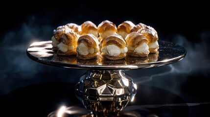 A levitating ring of luminous pastries orbits above a mirrored ceramic pedestal, piece shaped as glowing polygons. Shadows remain
