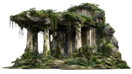An eroded, moss-covered ancient stone ruin nestled deep within a lush, overgrown forest, evoking a sense of forgotten history and mystery, isolated on a Transparent background