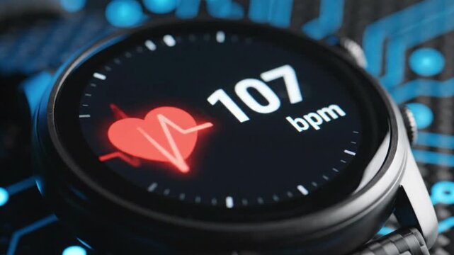 A closeup of a wearable device showing a heart rate of 96 bpm with a red heart icon and waveform against a dark techpatterned background