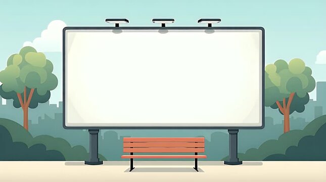 Conceptual urban illustration of an empty park bench directly facing a large blank billboard, symbolizing urban influence, attention, and city messaging, clean modern style, daylight, minimal 