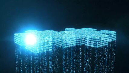 Glowing blue digital data blocks with binary code streams. - Powered by Adobe