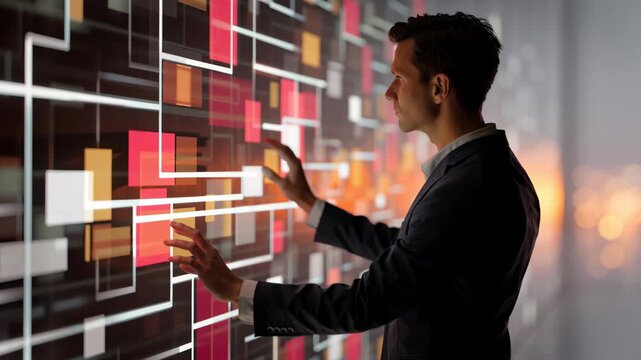 Digital business deal executive man touchscreen interface businessman expert touches futuristic interactive data wall with