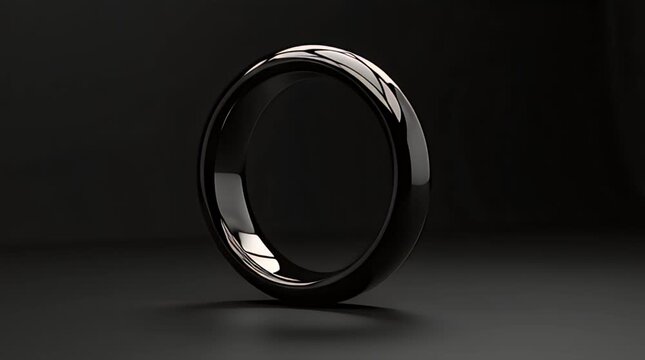 Luxury abstract 3D object of a floating black chrome ring with subtle surface distortions, ultra-smooth reflections, premium minimal CGI render, dark studio background, no text
