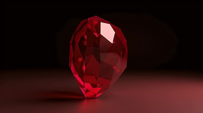 Luxury abstract 3D object of a faceted ruby crystal heart with sharp geometric cuts, premium gemstone material, studio lighting, clean dark background, ultra-realistic CGI, no text
