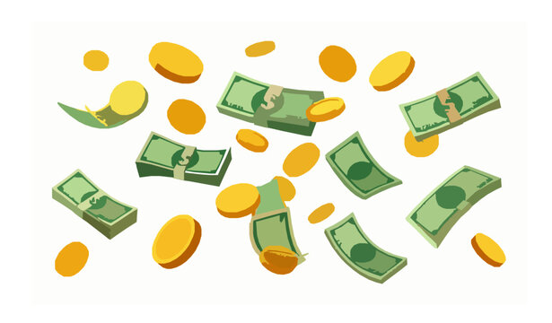 3D cartoon floating money vector set with coins cash and dollar bills for reward concepts