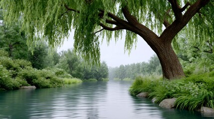 Weeping willow tree by tranquil river establishing serenity © kardaska