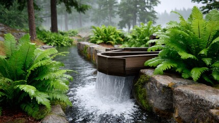 Garden stream flowing under rain with ferns