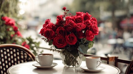 Red rose bouquet in cafe