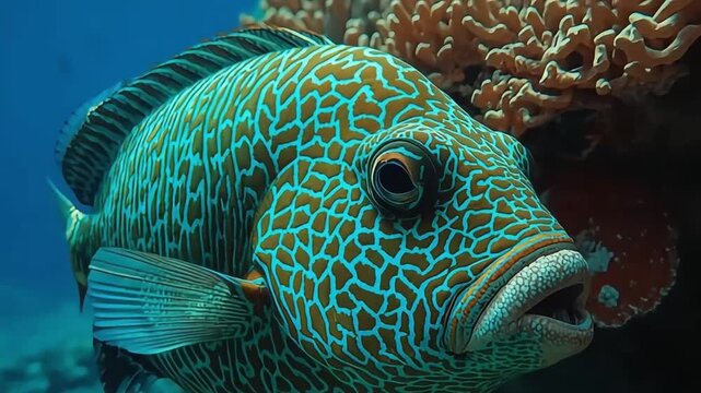 Close up of Spotted Sweetlips fish with honeycomb pattern and large lips swimming near coral reef