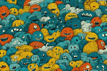 Colorful seamless pattern featuring funny doodles of whimsical faces and playful characters set on a vibrant background with cool tones