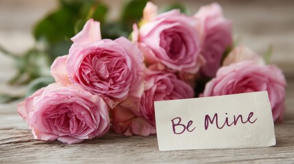 Pink roses with a note Be Mine