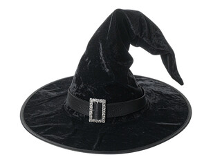Close-up of black velvet witch hat with a wide brim and sparkling buckle detail