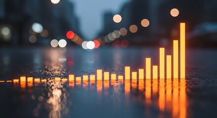 Abstract glowing orange bar chart reflecting on wet asphalt at night with bokeh city lights in background
