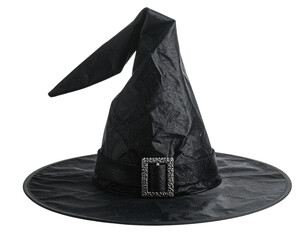 A black, pointed hat with a wide brim, featuring a buckle. A traditional Halloween costume piece
