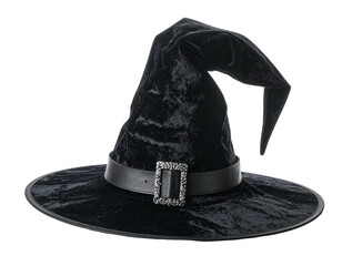 Close-up of a black velvet witch hat with a wide brim and decorative buckle