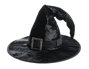 Black witch hat with a buckle on a ribbon. Isolated on a transparent background