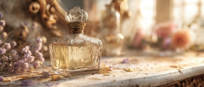 A vintage perfume bottle surrounded by dried flowers on a rustic surface.
