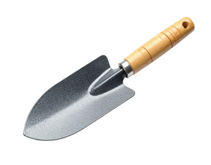 Isolated shot of a hand trowel, featuring a metal blade and wooden handle