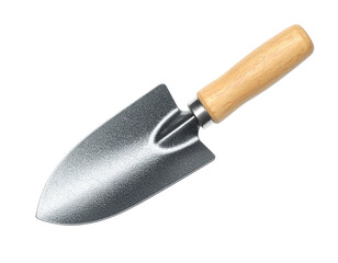 A small gardening hand trowel with a wooden handle, set against a solid black background
