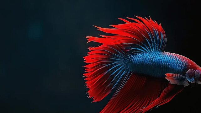 Close up of elegant red and blue Betta fish with flowing fins swimming against a dark background
