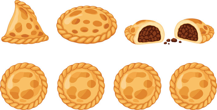 Traditional savory pastry vector set featuring golden baked empanadas and meat pies shown whole and halved isolated on white background for food design.