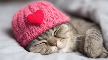 Adorable tabby cat asleep wearing a handmade pink woolen hat decorated with a small red heart symbol