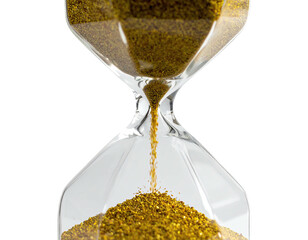 A close-up of a transparent hourglass with golden sand flowing through it
