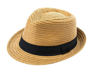 A close-up shot of a straw hat with a black band, isolated on a transparent background