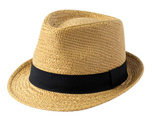 A close-up studio shot shows a fedora hat made of straw and a black band