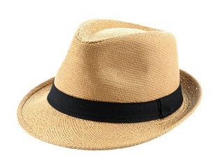 A classic fedora made of woven straw, featuring a black band, against a black background